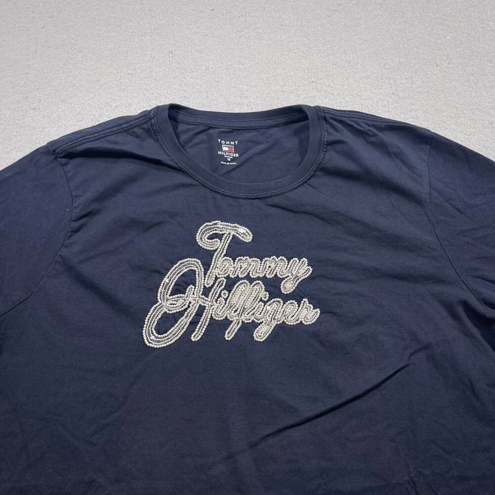 Tommy Hilfiger Top Women 1X Navy Blue Pearl Beaded Logo 3/4 Sleeve Shirt - Picture 2 of 10